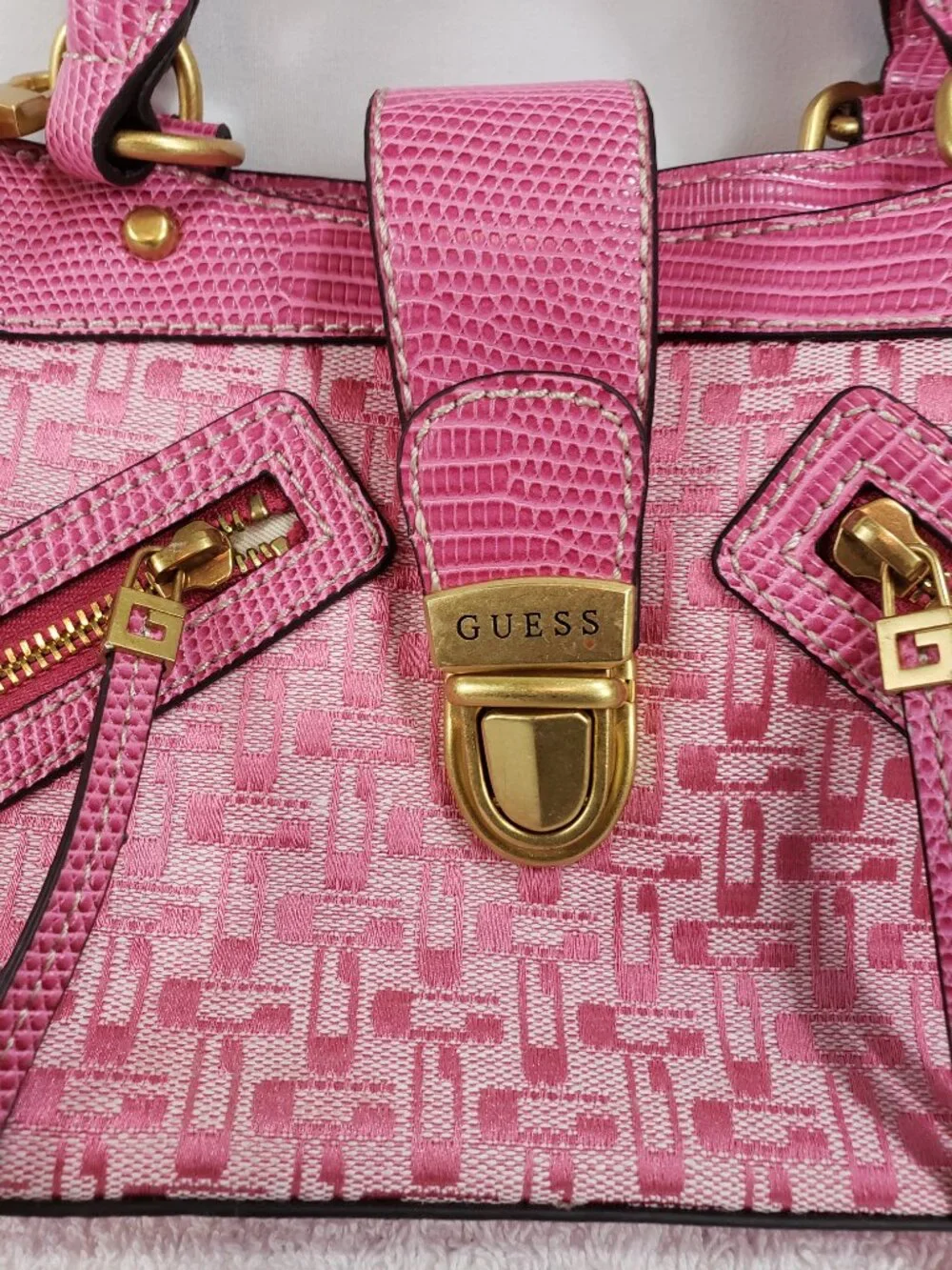 GUESS Pink Signature Satchel with Reptile Trim & Gold Hardware